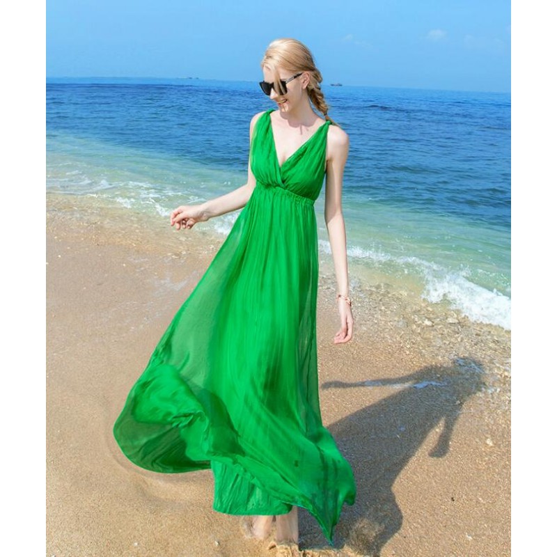 Women 100 Silk dress Beach dress 100% Natural Silk solid rose green white dress Holiday summer dresses